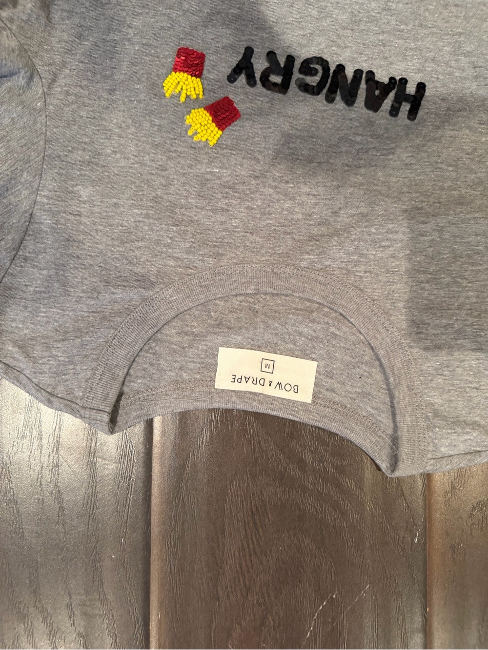 Bow & Drape Gray "HANGRY" Short Sleeve Tee with Red & Yellow Fries - Picture 2 of 3